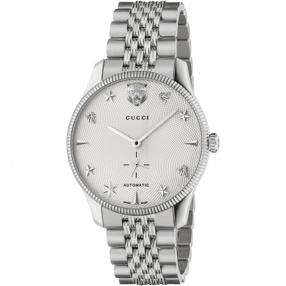 GUCCI G-TIMELESS WATCH WITH A STEEL CASE, WHITE GUILLOCH